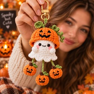 May include: A crochet keychain featuring a white ghost wearing an orange jack-o'-lantern hat with green vines. Three small orange jack-o'-lanterns hang from the ghost by green yarn stems. The keychain has a gold-colored metal lobster clasp.