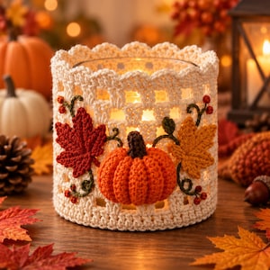 May include: A cylindrical glass candle holder wrapped in a cream-coloured crocheted cosy. The cosy features a central orange crocheted pumpkin with a brown stem, flanked by red and yellow crocheted maple leaves and small red berry clusters.