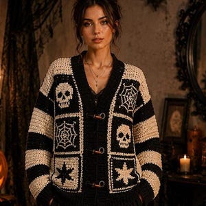 Halloween Crochet Cardigan Pattern PDF, Skull Spiderweb Granny Square Sweater, Gothic Patchwork Cardigan, Oversized Crochet Jacket XS-5XL