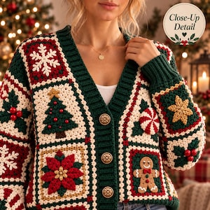 Virkmönster till fyrkantig kofta med julmotiv till mormor i PDF-format: Patchworktröja med 8 julmotiv