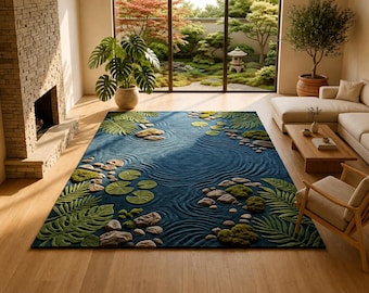 Alfombra zen 3D tejida a mano, con diseño de estanque con ondas de agua, piedras y nenúfares, alfombra esculpida con motivos naturales para sala de estar, tamaño personalizado.