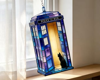 Doctor Who TARDIS Suncatcher, Blue Police Box with Black Cat, Birthday Gift for Doctor Who Fans, Window Decor for Bedroom
