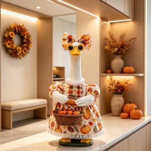 May include: A white goose figurine wearing a dress and bow with a pumpkin and autumn leaf pattern. The goose wears round yellow-rimmed sunglasses and holds a small brown woven basket filled with miniature orange pumpkins and gourds.