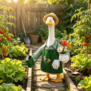 May include: A white goose figurine wearing a straw hat and a green gingham shirt under a dark green apron. The goose holds a small green watering can and a white pot with red and white flowers. It has orange feet and white gloves.