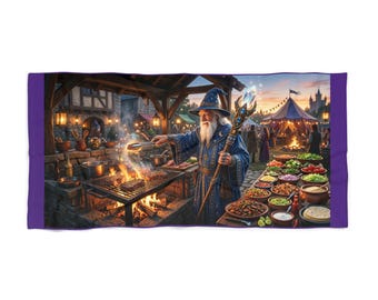 Wizard Grilling Beach Towel: Fantasy BBQ Print, Soft Polyester Cotton Blend