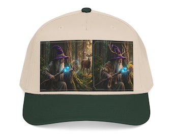 Forest Wizard Illustration Mid Profile Baseball Cap | Mystic Mage, Deer, Glowing Orb