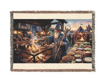 Wizard Grilling Feast Woven Blanket, 100% Cotton Throw with Colorful Fringe