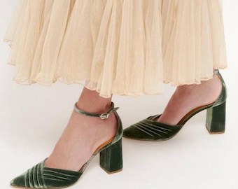 Green Velvet Guest Heels, Comfortable Dress Shoes, Bridal Heels