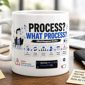 Op de afbeelding: Een witte keramische mok met een grafische print met de tekst "PROCESS? WHAT PROCESS?" en "Official Management Workflow". Het ontwerp bevat een stripfiguur, een stroomschema van kantoortaken, een waarschuwingslabel en een codefragment.