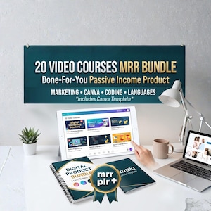 May include: A digital product bundle featuring 20 video courses with MRR and PLR rights. The display includes a tablet showing course thumbnails, a spiral-bound notebook, a small booklet, and a banner with the text 20 VIDEO COURSES MRR BUNDLE.