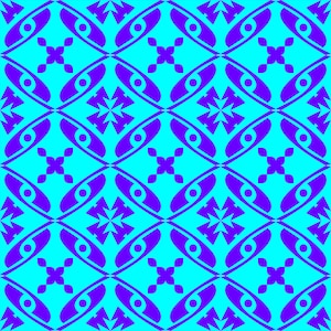 Pode incluir: Um padrão geométrico repetitivo com formas roxas vibrantes sobre um fundo ciano brilhante. O design consiste em linhas curvas interconectadas, formas ovais semelhantes a olhos com pontos centrais e motivos de estrelas de quatro pontas.