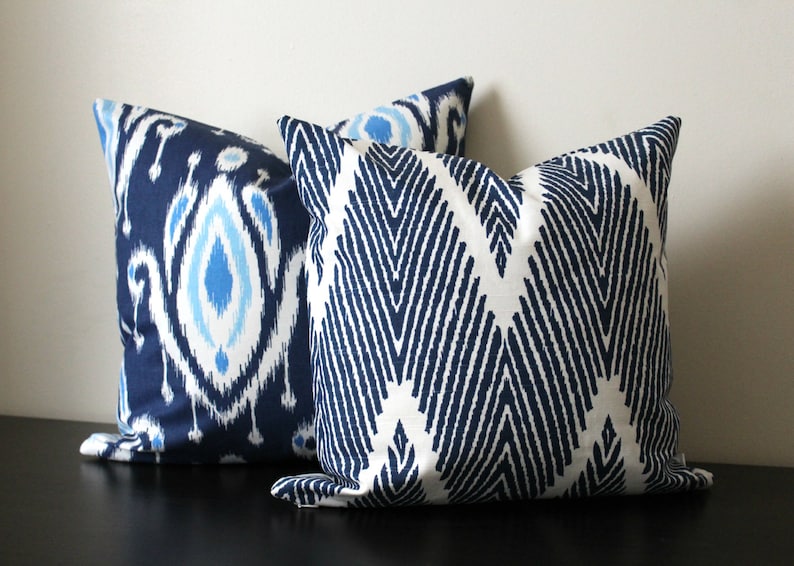 Decorative Throw Pillow Set Blue And White Ikat Chevron Etsy