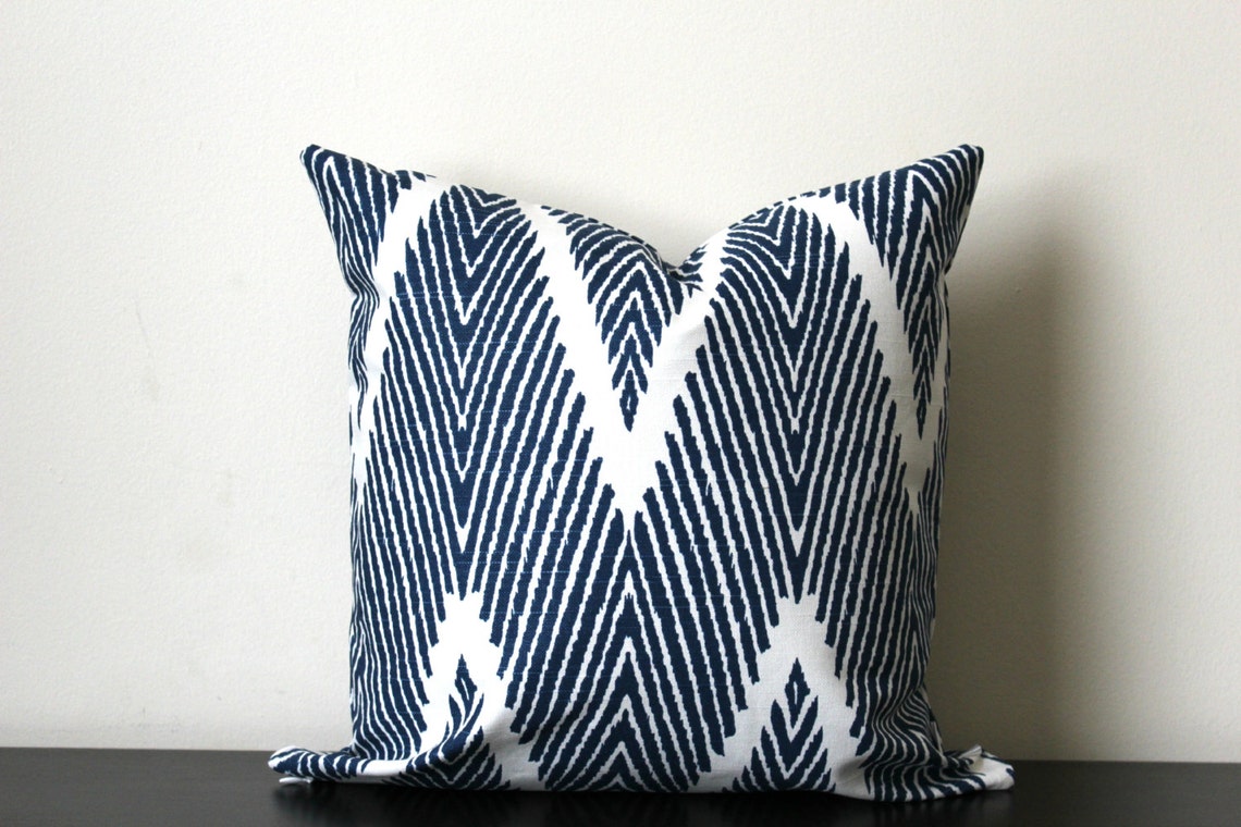 Indigo Blue Ikat Chevron Decorative Pillow Cover Throw Etsy