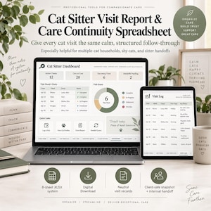 May include: A digital cat sitter visit report and care continuity spreadsheet displayed on a laptop and tablet screen. The interface features a dashboard with client data, visit logs, and status charts in a neutral colour palette with text.