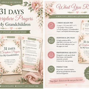 Puede incluir: Una colección de oraciones KJV imprimible titulada 31 Days of Scripture Prayers for My Grandchildren, con diseños florales en acuarela verde salvia y rosa. El documento incluye 12 páginas en formato US Letter de 21,6 por 27,9 cm en PDF y JPG.