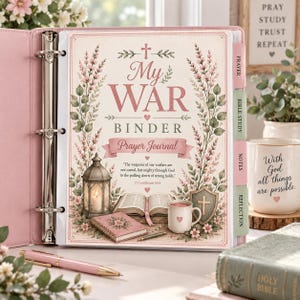 May include: A pink three-ring binder titled My War Binder Prayer Journal with floral illustrations, a lantern, an open book, a mug, and a shield. The cover features the text 2 Corinthians 10:4 and includes labeled tabs for prayer, bible study, notes, and reflection.
