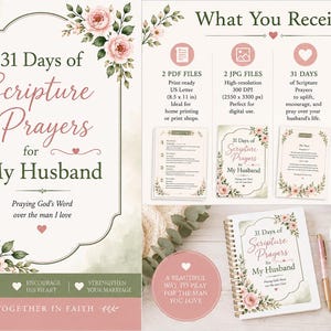 Puede incluir: Un conjunto digital imprimible titulado 31 Days of Scripture Prayers for My Husband, con ilustraciones florales de color rosa suave, tipografía elegante y un diseño que detalla dos archivos PDF, dos archivos JPG y tarjetas de oración.