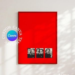 Puede incluir: Un marco rectangular rojo que contiene tres fotografías verticales en blanco y negro de una pareja. Las fotos muestran a dos personas interactuando en varias poses, incluyendo una en la que se besan y otra en la que se ríen.
