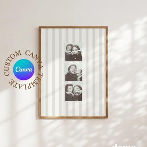 Puede incluir: Un marco de madera rectangular que contiene una tira vertical de tres fotos en blanco y negro de dos personas. El fondo dentro del marco tiene un patrón de rayas verticales en gris claro y blanco. El texto CUSTOM CANVA TEMPLATE es visible.