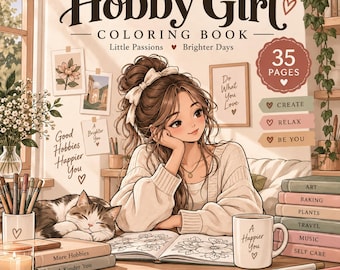 May include: A coloring book titled Hobby Girl featuring an illustration of a person with a cat, a mug labeled A Happier You, and a stack of books. The cover includes text such as 35 Pages, Create, Relax, Be You, and lists topics like Art, Baking, Plants, Travel, Music, and Self Care.