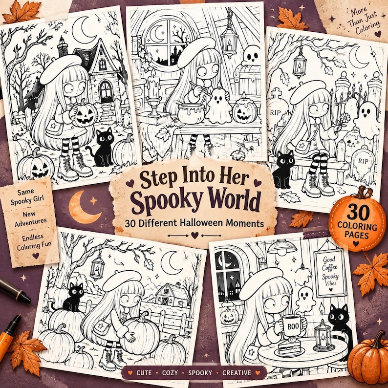 Spooky Girl Halloween Coloring Book, 30 Printable Coloring Pages, Cute ...