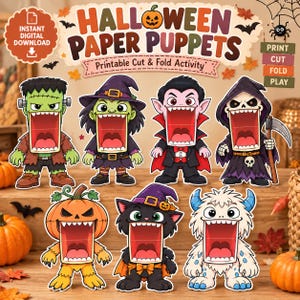 May include: A set of seven Halloween paper puppets featuring a green monster, a witch, a vampire, a grim reaper, a pumpkin creature, a black cat, and a yeti. Each character has a wide open mouth design for a printable cut and fold activity.