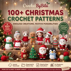 Può includere: Una collezione di figure amigurumi all'uncinetto che include un pupazzo di neve, una nonna, gatti, un omino di pan di zenzero, una bambina, una renna, un albero di Natale, Babbo Natale e un pinguino. Il testo recita 100+ CHRISTMAS CROCHET PATTERNS.