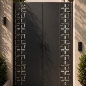May include: A double-door gate in matte black metal featuring vertical side panels with a laser-cut geometric pattern of interlocking squares and lines. The gate includes two simple vertical handles and a central keyhole lock mechanism.