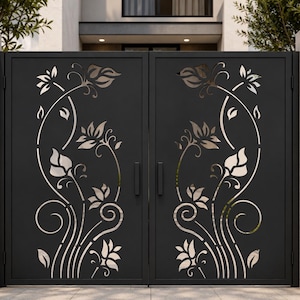May include: A double gate made of matte black metal featuring a laser-cut floral pattern. The design consists of stylised vines, leaves, and flower blossoms that extend vertically across both panels. Each panel includes a vertical handle.