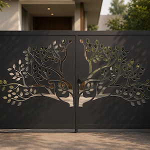 May include: A double-panel matte black metal driveway gate featuring a laser-cut design of two mirrored tree silhouettes with intricate branches and leaves. The gate is mounted between two concrete pillars with wall-mounted lights and a mailbox.