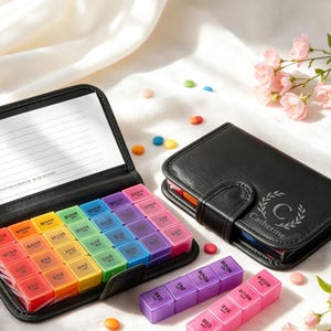 May include: A black leather-effect pill organiser case with a snap closure, featuring the name Catherine and a laurel wreath logo. The open case reveals a grid of colourful, translucent plastic pill compartments labelled with days of the week.