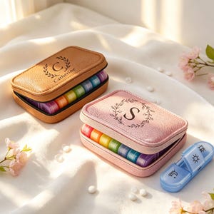 Könnte beinhalten: Zwei rechteckige Pillendosen mit strukturierten Deckeln in Hellbraun und Rosa, jeweils mit einem kreisförmigen Monogramm und Lorbeerkranz-Design. Das hellbraune Etui ist mit dem Namen Catherine personalisiert. Innen befinden sich regenbogenfarbene Fächer.