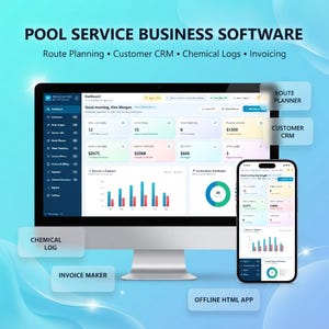 May include: A computer monitor and a smartphone displaying pool service business software with a dashboard featuring route planning, customer CRM, chemical logs, and invoicing. The screen shows data charts, financial metrics, and navigation menus.