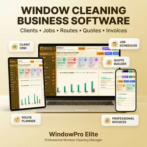 May include: WindowPro Elite window cleaning business software displayed on a laptop, tablet, and smartphone. The interface features dashboards for clients, jobs, routes, quotes, and invoices with data charts and status distribution graphs in a clean layout.
