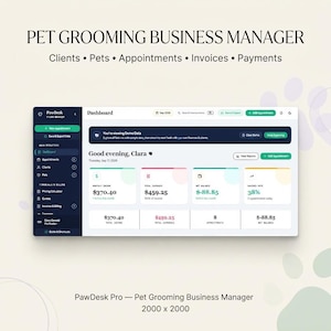May include: A digital dashboard interface titled Pet Grooming Business Manager, featuring a dark sidebar and light main area. It displays metrics like monthly income, expenses, and appointments for PawDesk Pro, with text including Good evening, Clara.