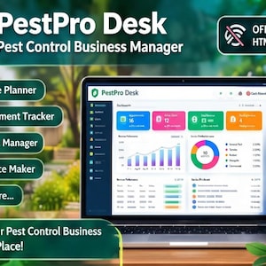 May include: A laptop and smartphone displaying the PestPro Desk software interface, featuring a dashboard with colorful charts, appointment trackers, and business management tools. The screen shows text including PestPro Desk, Route Planner, Treatment Tracker, Client Manager, Invoice Maker, and Offline HTML Software.