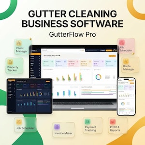 Könnte beinhalten: GutterFlow Pro Software für Dachrinnenreinigungsunternehmen, dargestellt auf einem Laptop, Tablet und Smartphone. Die Bildschirme zeigen Dashboards mit Diagrammen, Finanzdaten und Navigationsmenüs sowie schwebende Symbole für Funktionen.