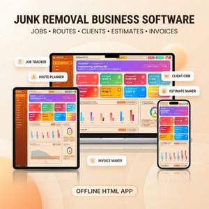 Könnte beinhalten: Software für Entrümpelungsunternehmen auf Laptop, Tablet und Smartphone. Die Benutzeroberfläche zeigt farbenfrohe Dashboards mit Datencharts, Job-Tracker, Routenplaner, Kunden-CRM, Kostenvoranschlag- und Rechnungstools. Text: JUNK REMOVAL BUSINESS SOFTWARE, JOBS, ROUTES, CLIENTS, ESTIMATES, INVOICES, OFFLINE HTML APP.