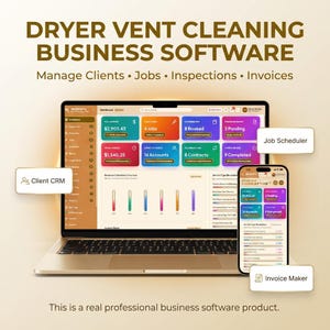 Dryer Vent Cleaning Business Software, Client CRM, Job Scheduler, Inspection Tracker, Estimates & Invoice Maker, Offline HTML App