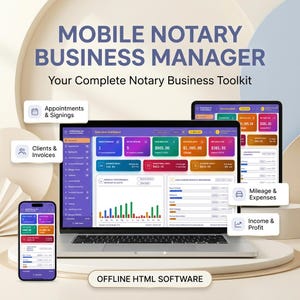 Mobile Notary Business Software, Loan Signing Agent App, Appointment Tracker, Mileage & Expense Manager, Invoice Tool, Offline HTML