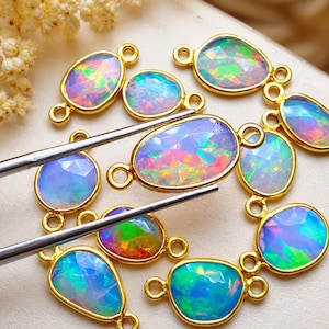 18K Gold Filled Ethiopian Opal Connector Charms, Rose Cut Gemstone Pendants (6x10 mm)