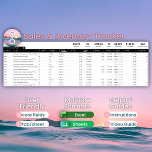 May include: A digital sales and inventory tracker spreadsheet template featuring columns for SKU, item, location, weight, dimensions, cost, dates, and profit. Includes sections for user-friendly core fields, Excel and Sheets formats, and helpful guides.