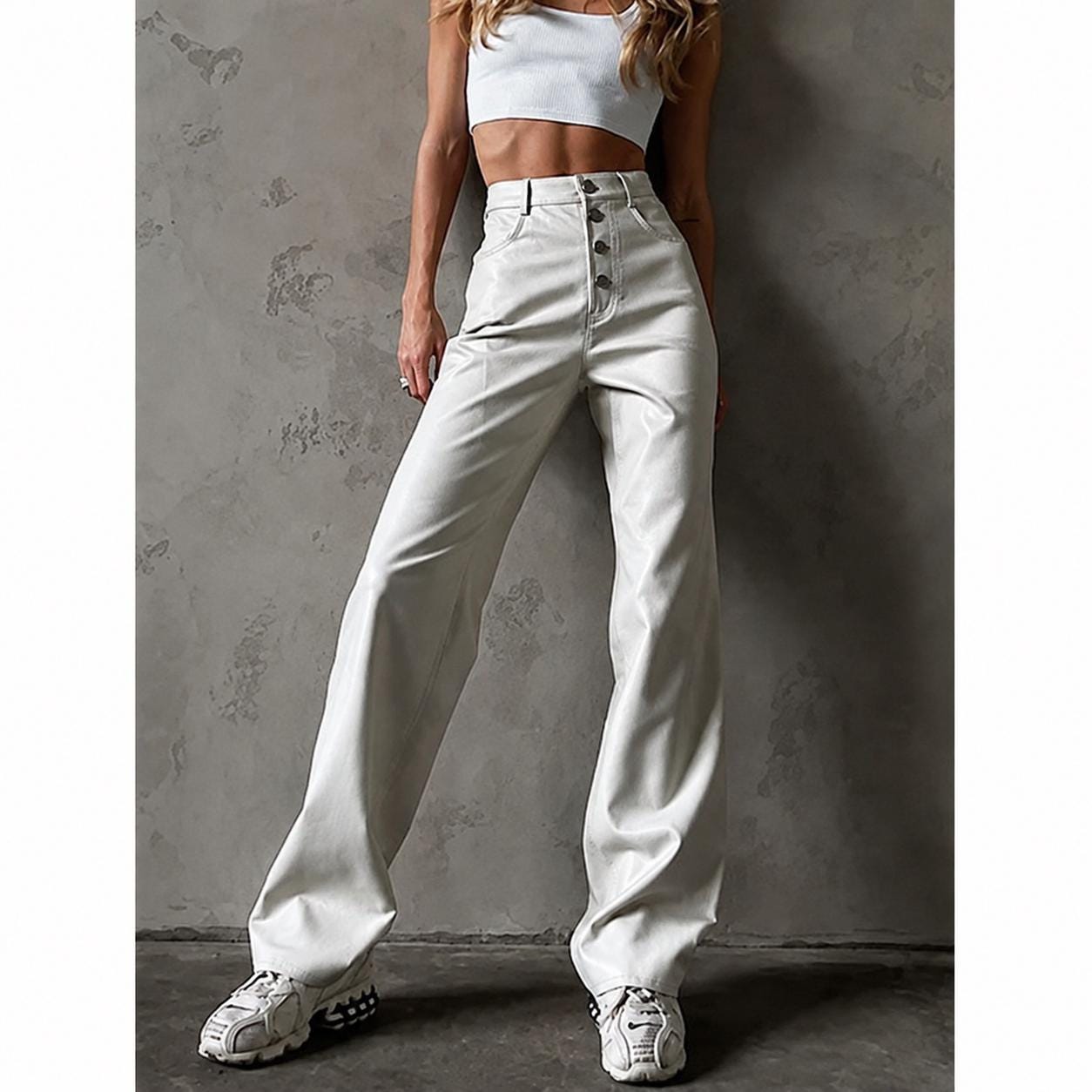 Handmade Women's White Leather Pants, High Waist Wide Leg Trousers, Genuine Sheepskin Luxury Streetwear