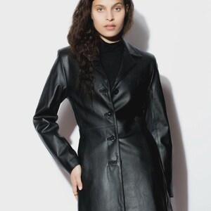 Handmade Black Lambskin Leather Coat Dress, Tailored Midi Button Down (Custom Sizing)