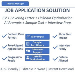 May include: A digital job application solution for product managers featuring CV, covering letter, LinkedIn optimization, AI prompts, sample text, and interview prep. The document includes checkmarks for content, impact, and ATS-friendly formatting.