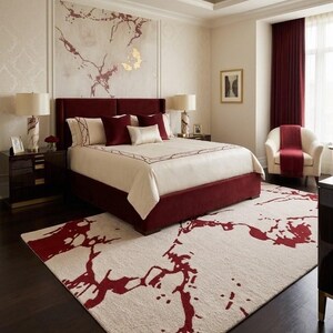 Puede incluir: Un dormitorio con una cama grande con marco y cabecero de terciopelo rojo intenso, con ropa de cama color crema y cojines rojos. Una alfombra color crema con un patr&oacute;n abstracto rojo sobre el suelo de madera oscura, a juego con el arte mural.