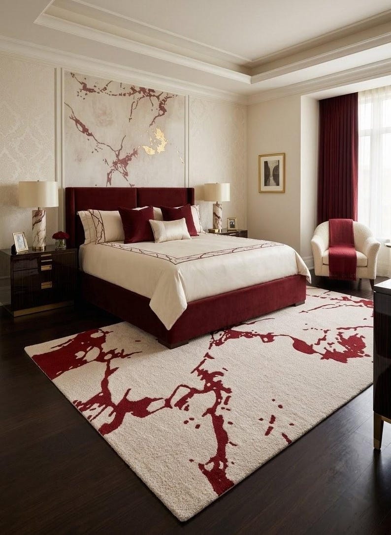 Puede incluir: Un dormitorio con una cama grande con marco y cabecero de terciopelo rojo intenso, con ropa de cama color crema y cojines rojos. Una alfombra color crema con un patr&oacute;n abstracto rojo sobre el suelo de madera oscura, a juego con el arte mural.