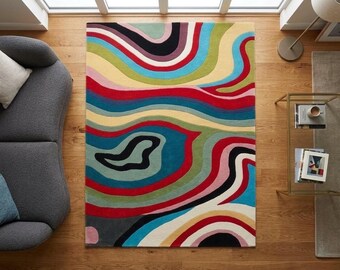Alfombra abstracta de lana colorida tejida a mano / Alfombra artística moderna para sala de estar, dormitorio, habitación infantil / Diseño contemporáneo multicolor