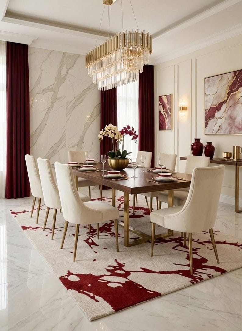 Puede incluir: Un comedor con una mesa rectangular de madera con patas de metal dorado, rodeada de ocho sillas tapizadas de color crema. Una gran l&aacute;mpara de ara&ntilde;a de cristal cuelga encima, sobre una alfombra con un patr&oacute;n abstracto en rojo y crema.