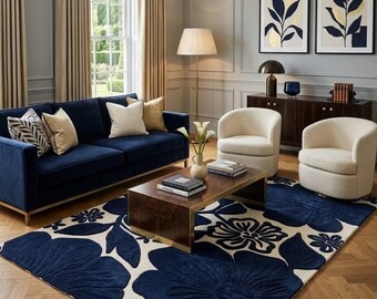Alfombra floral azul marino, alfombra de lana tejida a mano, alfombra de flores grandes, alfombra botánica color marfil, decoración moderna para sala de estar y dormitorio, alfombra llamativa